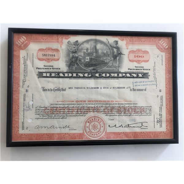 Framed Reading Company Stock Certificate