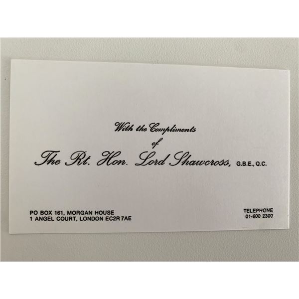 Sir Hartley W. Shawcross unsigned business card.