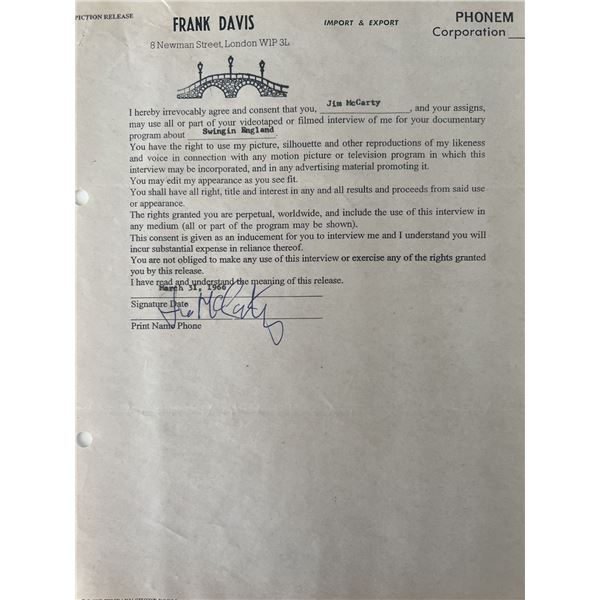 The Yardbirds signed Frank Davis contract