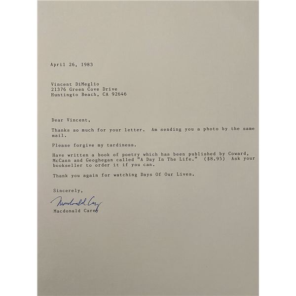 Macdonald Carey signed personal letter