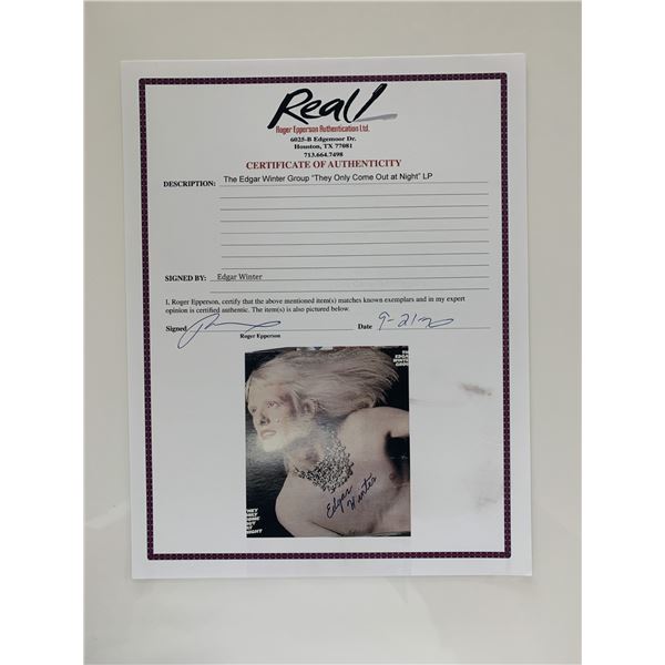 Edgar Winter signed The Only Come Out At Night album cover