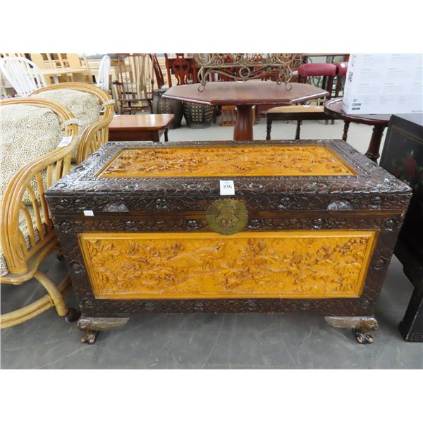 Ornately Carved Oriental Claw Foot Trunk