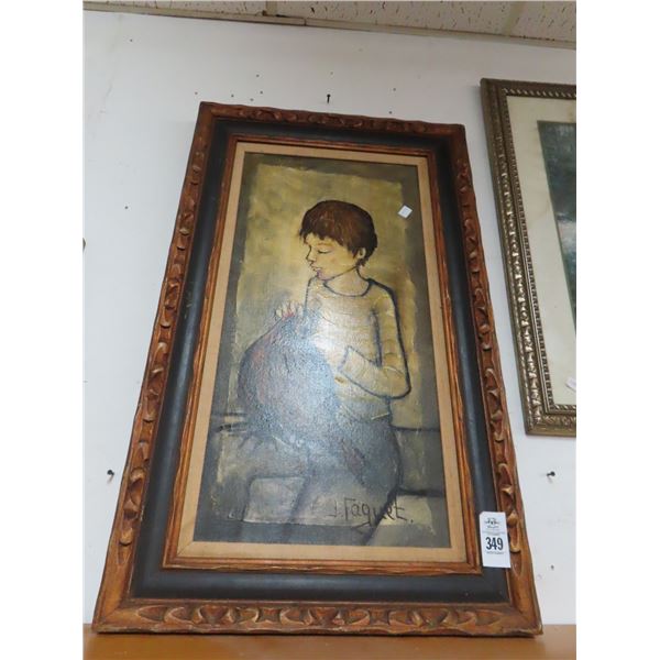 Framed Oil On Canvas Boy w/Pheasant - Signed Faguet - 24  X  30