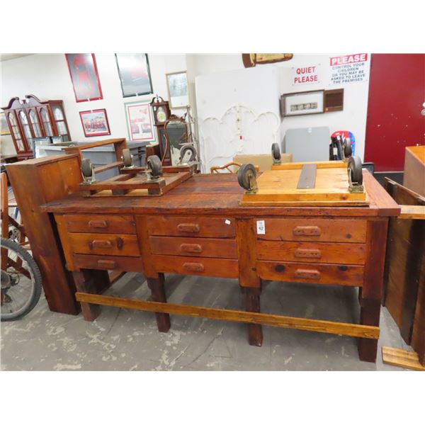 Antique 9 Drawer Work Table w/Dollies and Shelves