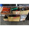 Image 1 : Tackle Box w/Tackle, Plastic Cups, Silverplate, Copper Molds, Kitchenware - 2 Shelves