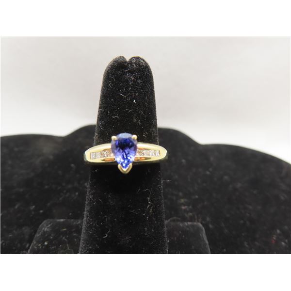 14K YG Tanzanite and Diamond Ring w/One Pear Cut Tanzanite and 8 Square Cut