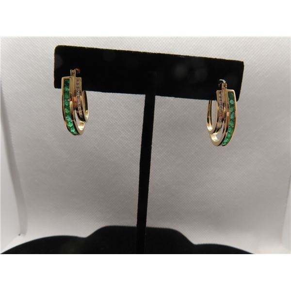 14K YG Emerald and Diamond Earrings w/18 Round Cut Emeralds and 18 Round Cut