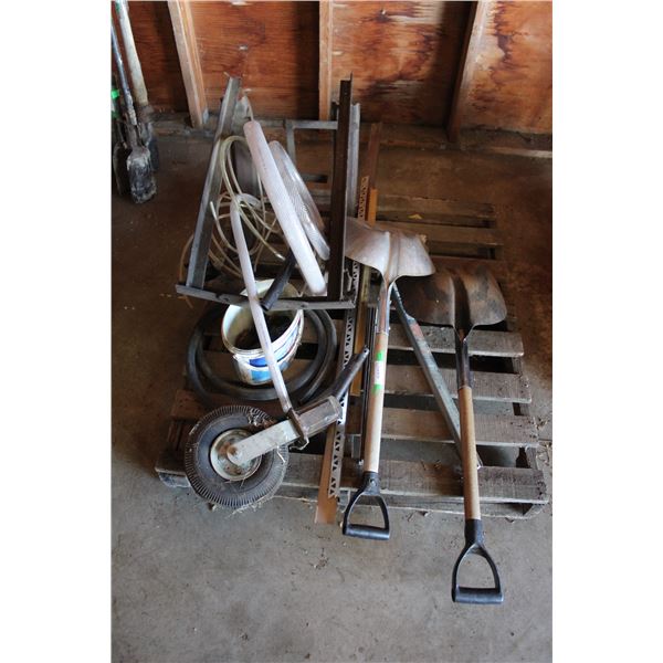 Barrel Stand, (2) Grain Shovels, Hose, Caster Wheel, etc.