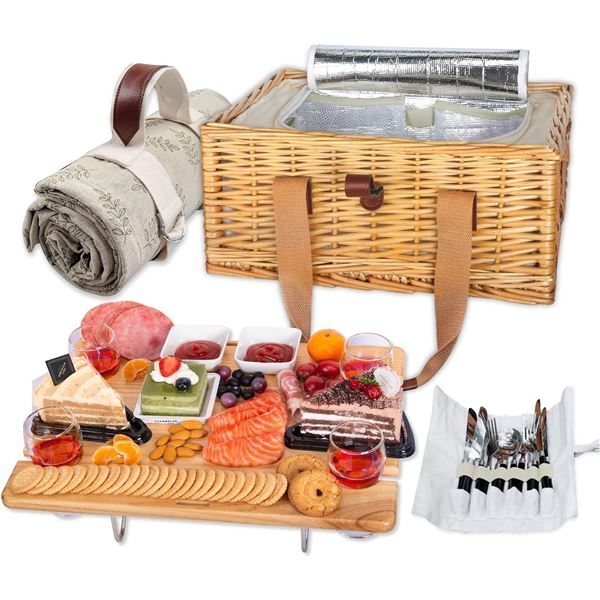 Lot of 1 Wicker Picnic Basket Set for 4 w/ Mini Folding Wine Picnic Table, Cooler Bag, Cutlery - NEW