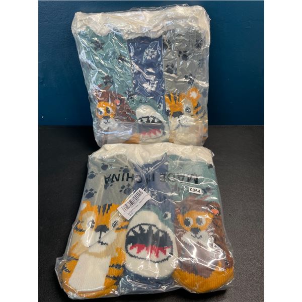 Lot of 2 Multi-Packs of Fuzzy Slipper Type Winter Socks for Kids - Fits 4-7yrs - New