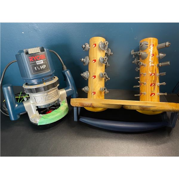 Lot of 1 RYOBI Router with Complete Router Bit Rack - Used
