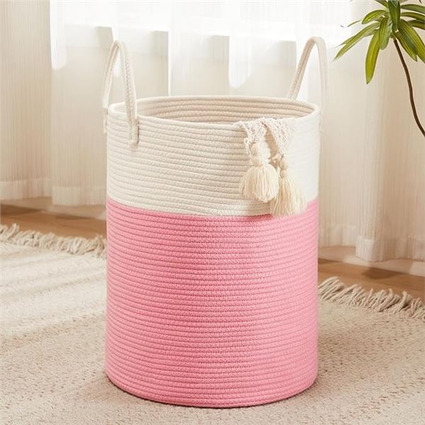 Lot of 1 Youdenova Jute Rope Laundry Hamper Basket/Toy Storage Basket - 58L Tall - Brand New (Pink)