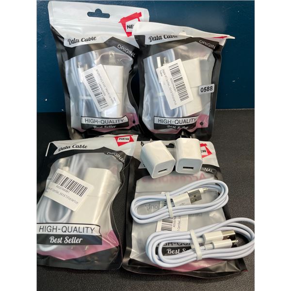 Lot of 4 Packs of Lightning Cords + Wall Block Chargers for Apple Devices - 2 Sets Each/8 Total -NEW