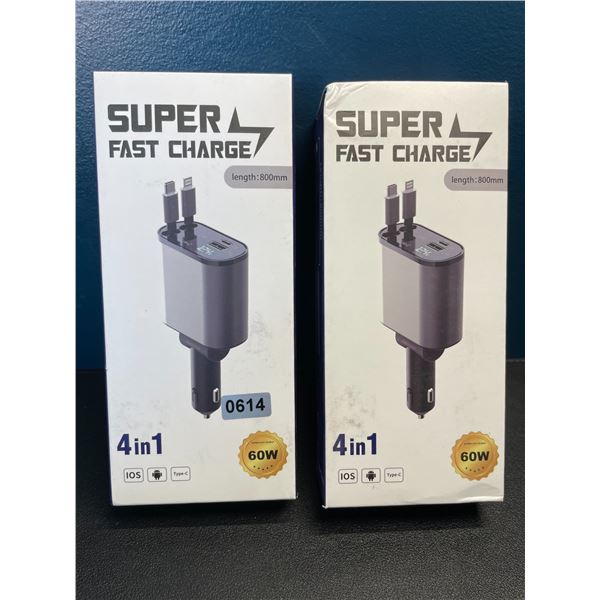 Lot of 2 Super Fast Charge 4-In-1 Car Chargers with Retractable Built in Charging Cables - Brand New