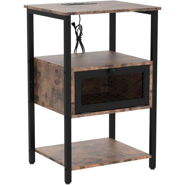Lot of 1 Nightstand/Bedside Table with Charging Station (Outlet/USB Ports) - 24 x 16" - Rustic Brown