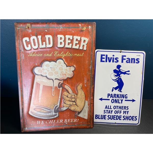 Lot of 2 Assorted Decor Signs - Cold Beer & Elvis Fans - Used