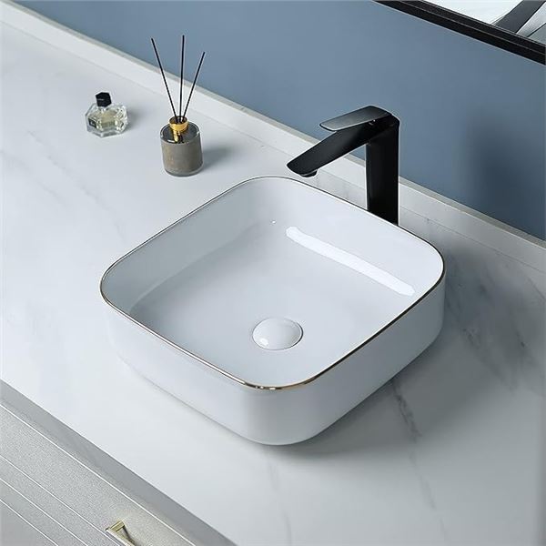 Lot of 1 Bath Ivy 15 x 15" Ceramic Bathroom Vessel Sink with Gold Trim - Brand New!