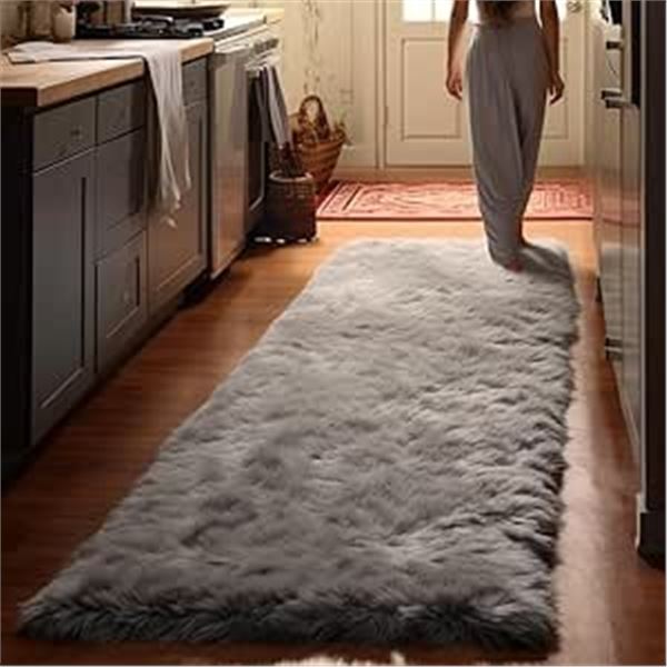 Lot of 1 Aucuda Fuzzy Long Runner Rug - 2FT x 8FT - Grey - Non-Slip - New Sealed