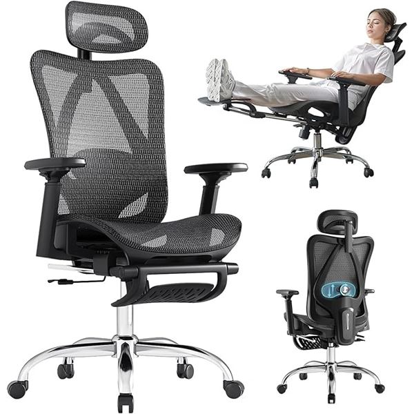 Lot of 1 Ergonomic Office Chair/Computer Desk Chair w/ Lumbar Support & Retractable Footrest- NEW