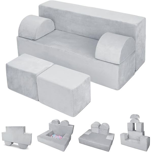 Dreamania 6PC Kids Couch/Toddler Modular Play Couch - Grey - Large 40 in x 22 in Size - NEW