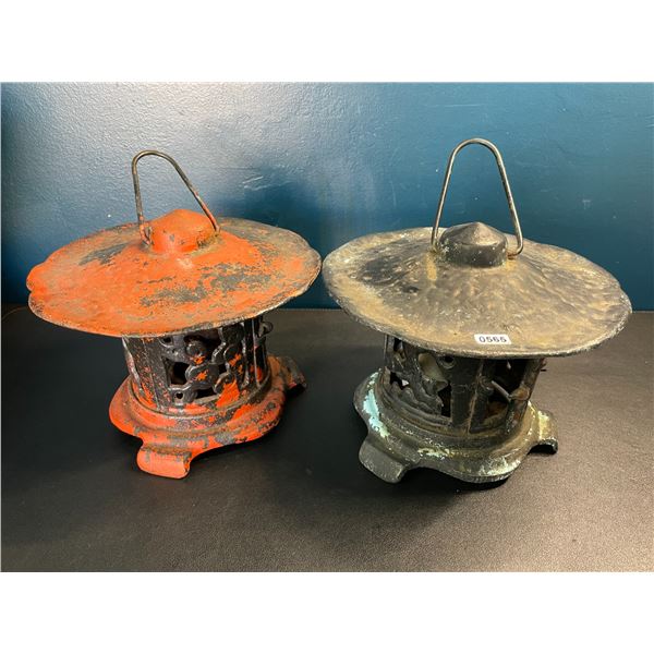 Lot of 2 Vintage Japanese Cast Iron Hanging Garden Lanterns - Used