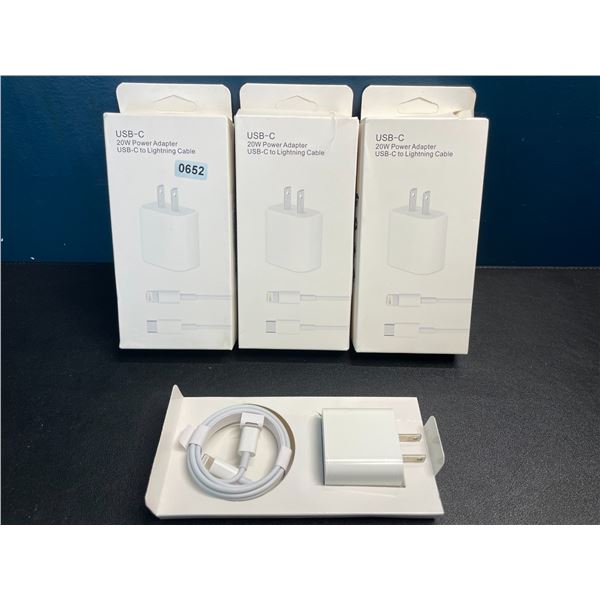 Lot of 3 USB-C to Lightning Fast Charging Cable + 20W Charging Block Sets - Brand New!
