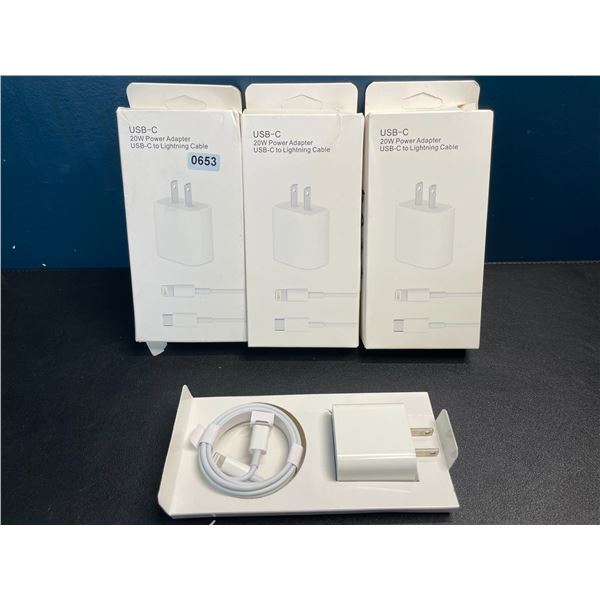 Lot of 3 USB-C to Lightning Fast Charging Cable + 20W Charging Block Sets - Brand New!