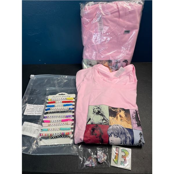 Lot of 2 Taylor Swift The Eras Tour T-Shirt/Gift Sets - Size L/XL w/ Earrings, Bracelets, & Stickers
