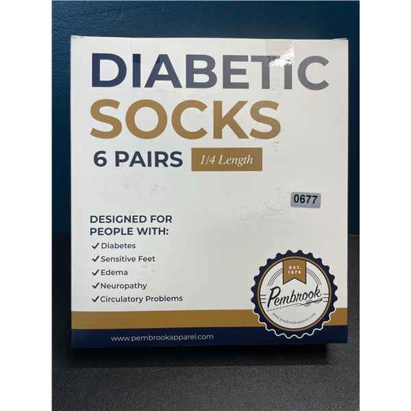 Lot of 1 Box of Diabetic Socks - 6 Pairs - 1/4 Length - Brand New