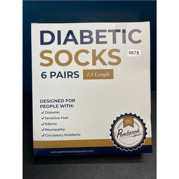 Lot of 1 Box of Diabetic Socks - 6 Pairs - 1/4 Length - Brand New