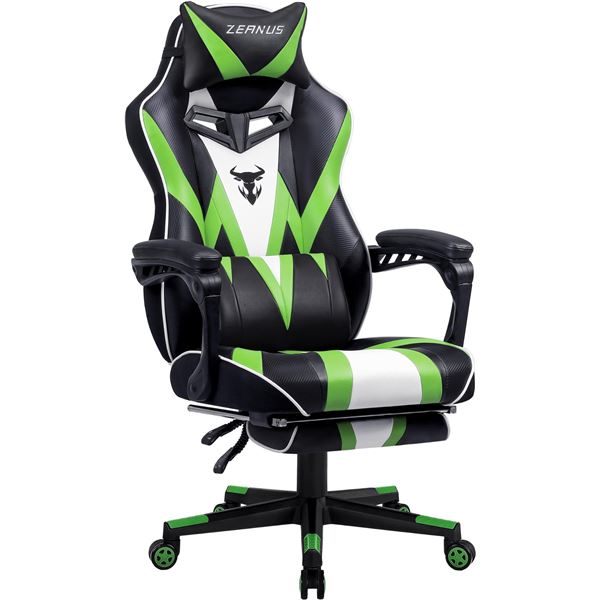 Lot of 1 Zeanus ZE-300 Green/Black Gaming Chair - Reclining PC Ergonomic Computer Chair w/ Footrest