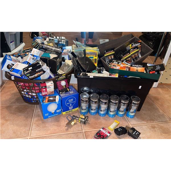 Daily Inevitables - Massive Tote of Assorted Chargers New Batteries of All Varieties Lightbulbs