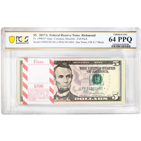 Pack of 2017A $5 Federal Reserve STAR Notes Richmond Fr.1998-E* PCGS Choice UNC 64PPQ