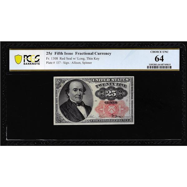1874 Fifth Issue Twenty-Five Cents Fractional Currency Note Fr.1308 PCGS Choice Unc 64