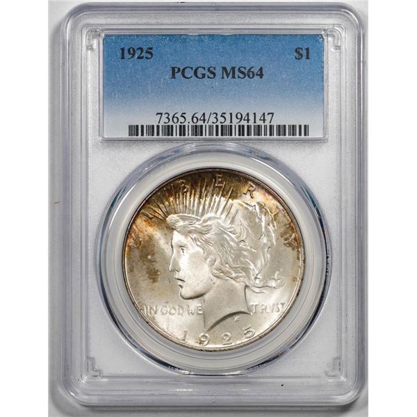 1925 $1 Peace Silver Dollar Coin PCGS MS64 Rare Toning