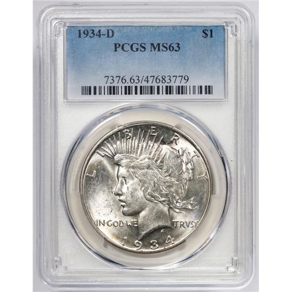 1934-D $1 Peace Silver Dollar Coin PCGS MS63