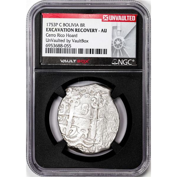 1753P C Bolivia 8 Reales Silver Coin NGC Excavation Recovery AU VaultBox Unvaulted