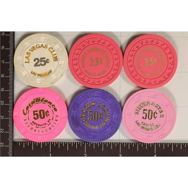 6 PLASTIC CASINO GAMING TOKENS: 3-25 CENT AND