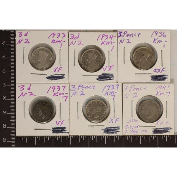 6-NEW ZEALAND SILVER 3 PENCE .1362 OZ. ASW TOTAL