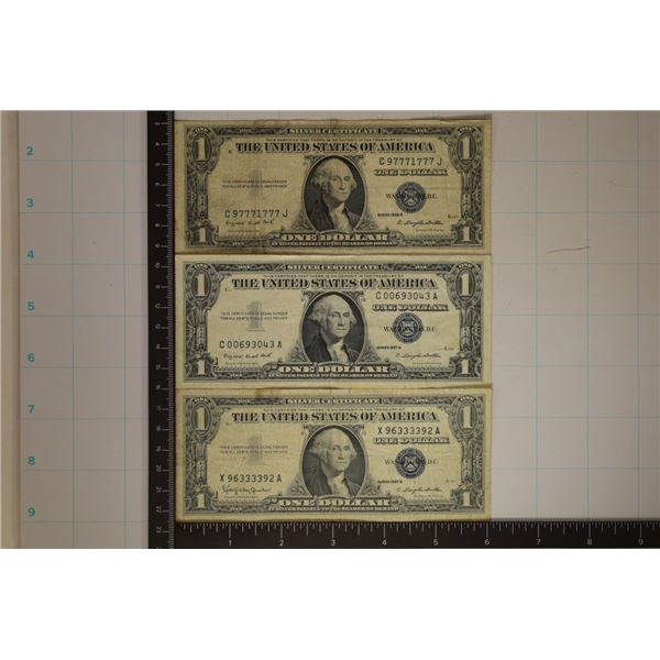 3-US $1 SILVER CERTIFICATES: 1935-G, 57-A & 57-B