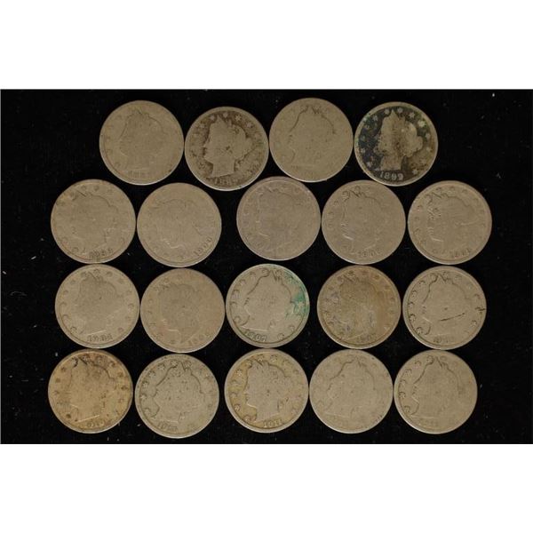 19 ASSORTED LIBERTY "V" NICKELS: 1889-1912