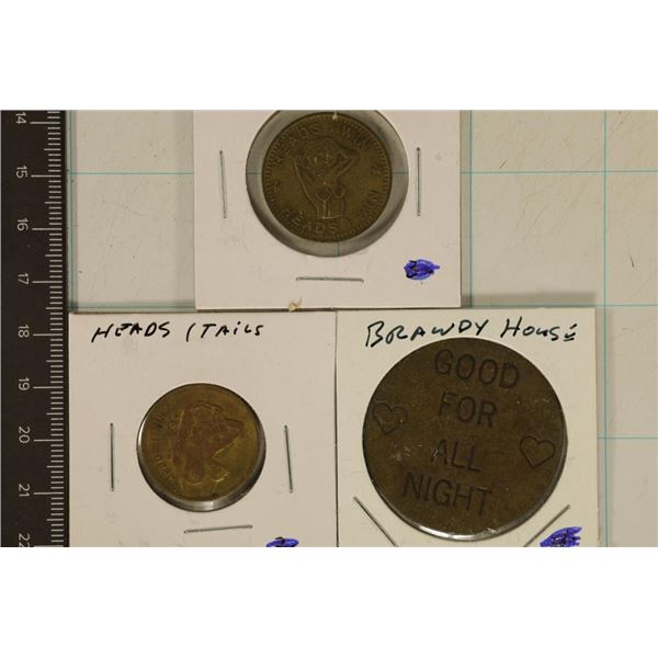 3 ADULT THEMED METAL TOKENS: 2 HEADS TAILS FLIPPER