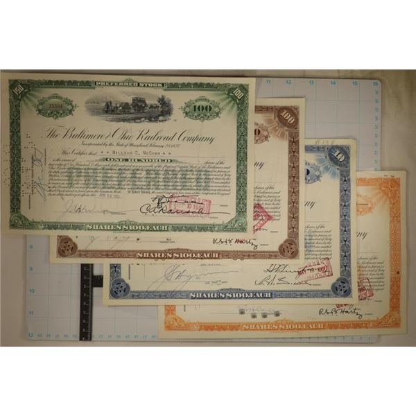 4 VINTAGE STOCK CERTIFICATES BALTIMORE AND OHIO