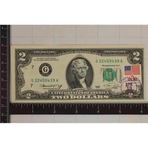 1976 US $2 CRISP UNC BILL WITH CANCELLED 13 CENT