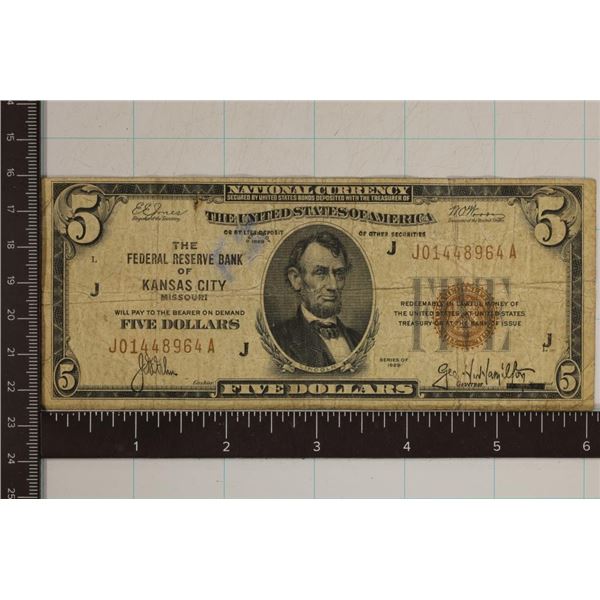 1929 US $5 NATIONAL CURRENCY: KANSAS CITY BROWN