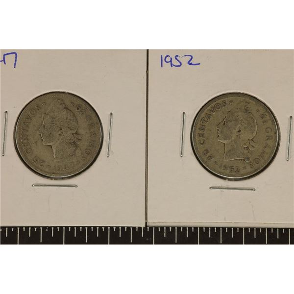 1947 & 1952 DOMINIC OF REPUBLIC SILVER 25 CENTAVOS