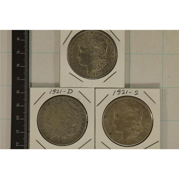 3 MORGAN SILVER DOLLARS: 1921 SCRATCHED, 1921-D &