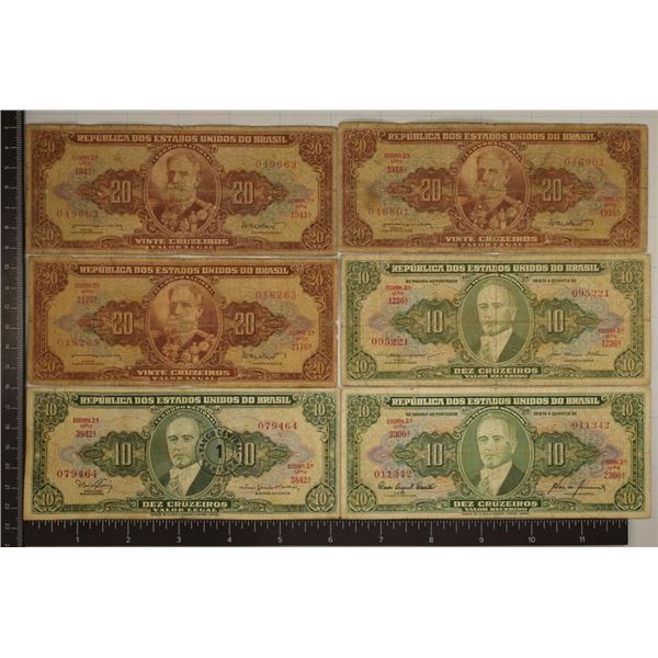 6-BRASIL BILLS: 3-10 & 3-20 CRUZEIROS AS SHOWN