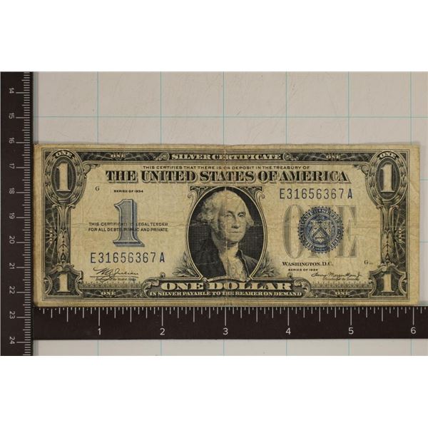 1934 US FUNNY BACK $1 SILVER CERTIFICATE BLUE SEAL