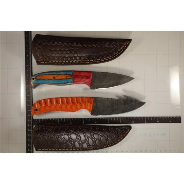 2 DAMASCUS STEEL HUNTING KNIVES: 9" GUT HOOK &